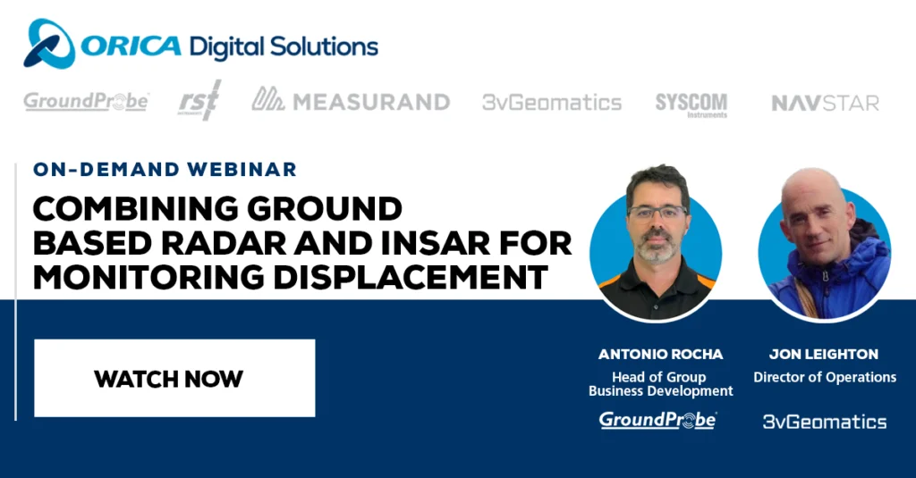 Image that includes a link to watch the webinar Combining Ground Based Radar and InSAR for monitoring displacement on-demand