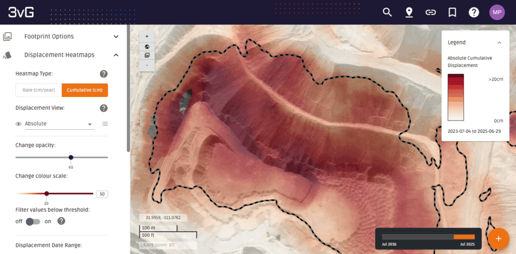 A screen capture of 3vG's InSAR visualization platform, Motionary. It shows a heatmap that visualizes ground displacement.